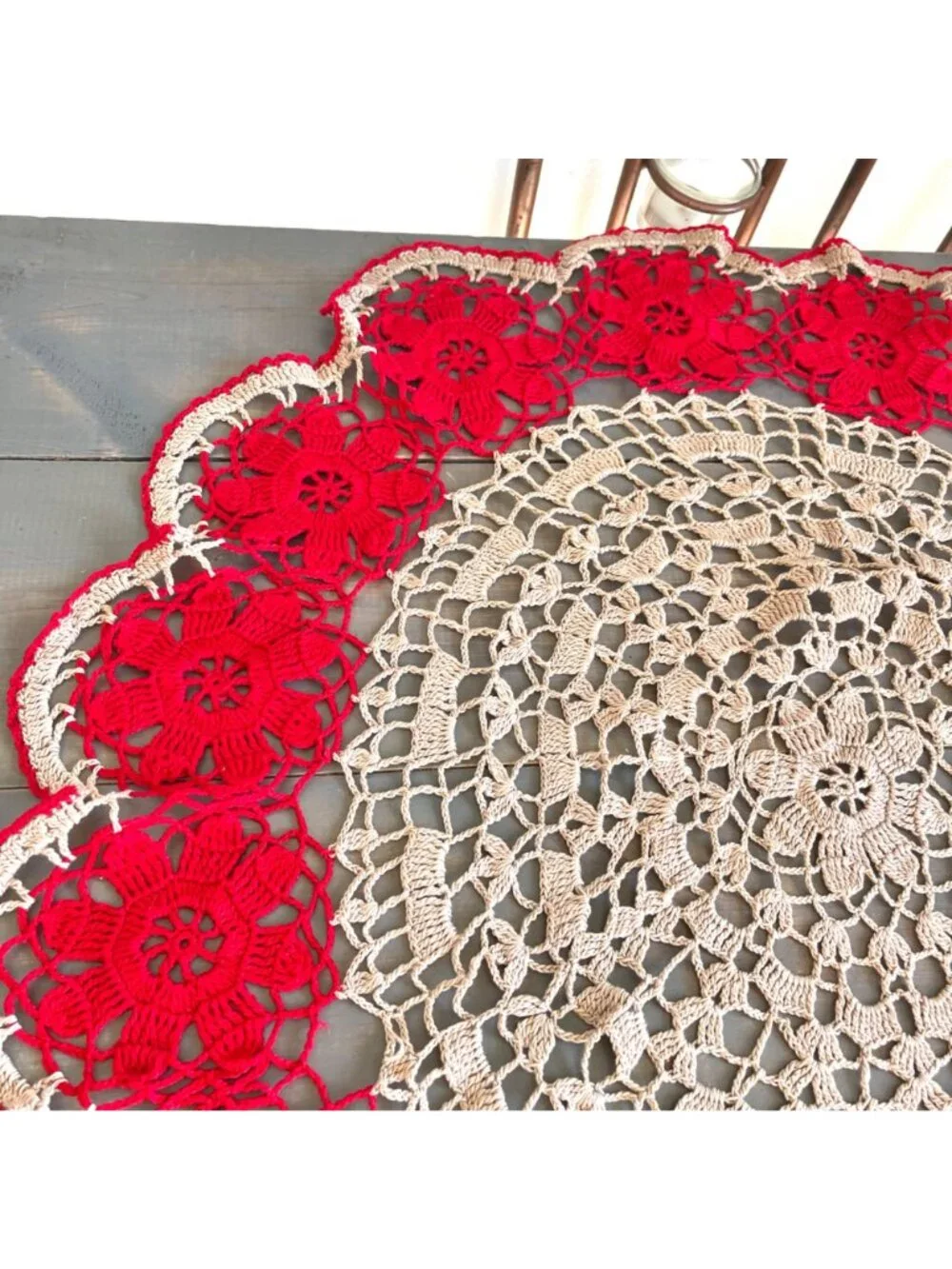 Vintage Handmade Round White and Red Cotton Crochet Lace Doily